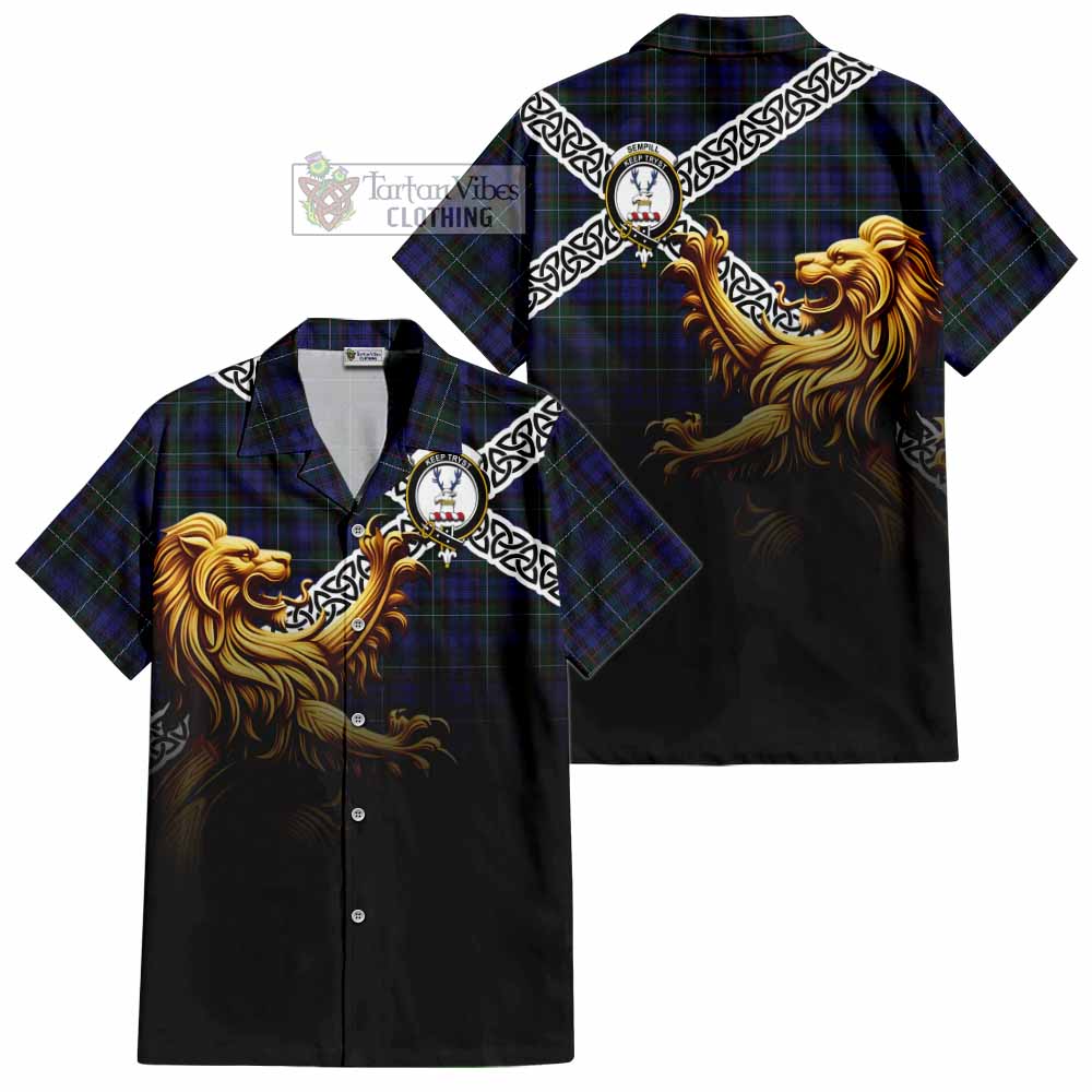 Tartan Vibes Clothing Sempill (Semple) Crest Tartan Short Sleeve Button Shirt with Golden Lion Emblem Celtic Style