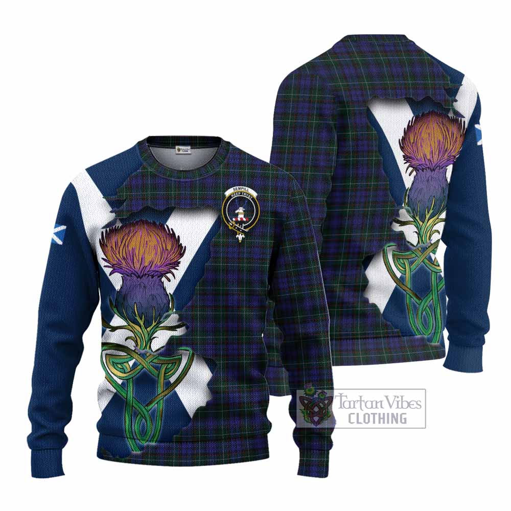 Tartan Vibes Clothing Sempill (Semple) Tartan Family Crest Knitted Sweater Scottish Thistle Celtic Inspired