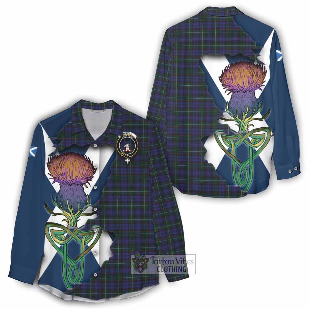 Tartan Vibes Clothing Sempill (Semple) Tartan Family Crest Women's Casual Shirt Scottish Thistle Celtic Inspired