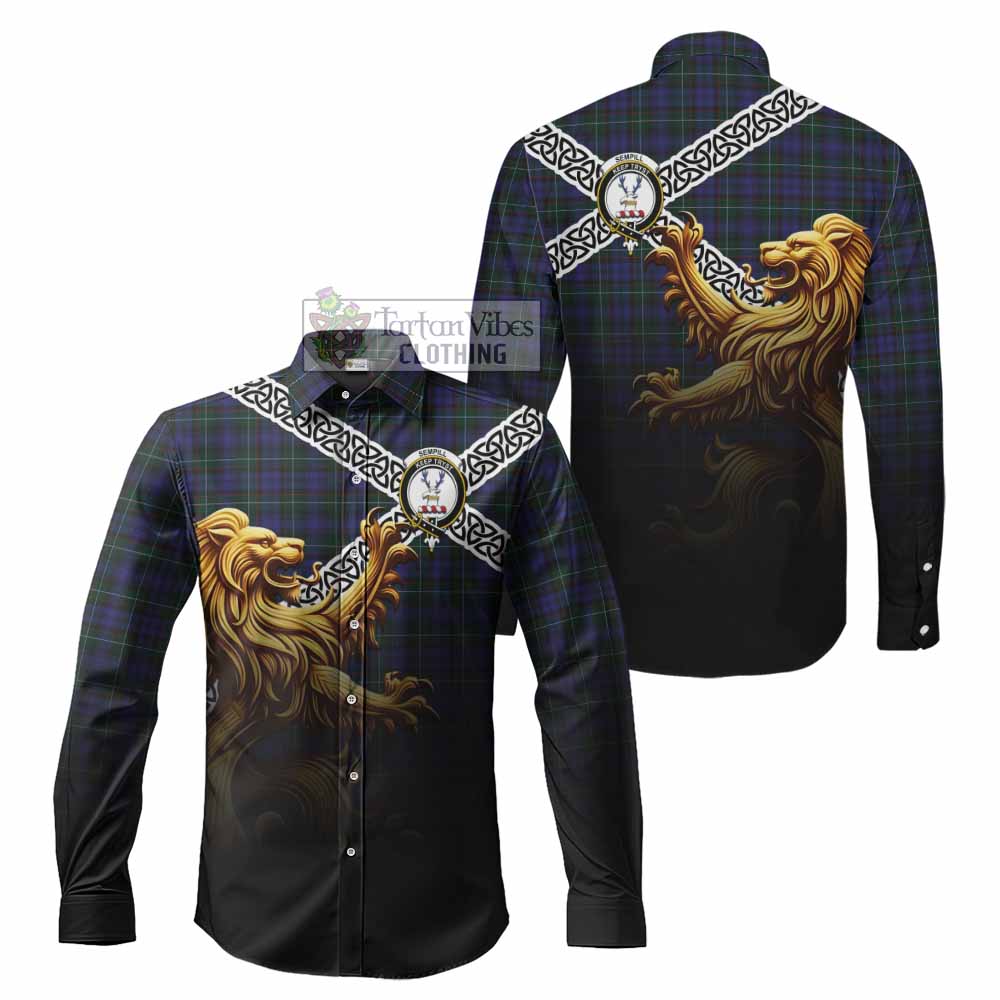 Tartan Vibes Clothing Sempill (Semple) Crest Tartan Long Sleeve Button Shirt with Golden Lion Emblem Celtic Style