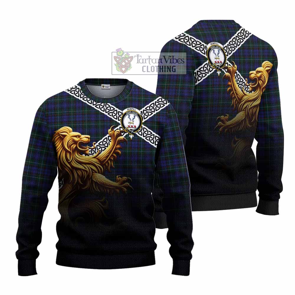 Tartan Vibes Clothing Sempill (Semple) Crest Tartan Knitted Sweater with Golden Lion Emblem Celtic Style