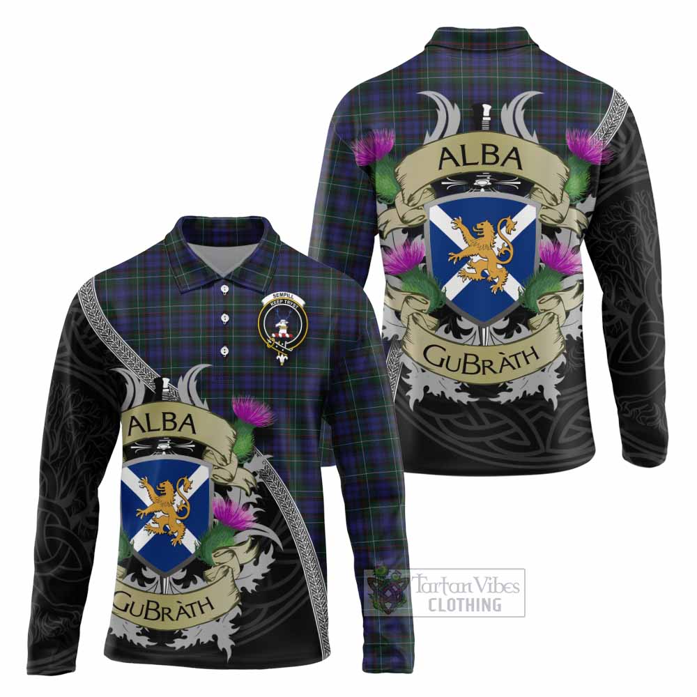 Tartan Vibes Clothing Sempill (Semple) Tartan Family Crest Long Sleeve Polo Shirt Lion Rampant Royal Thistle Shield Celtic Inspired