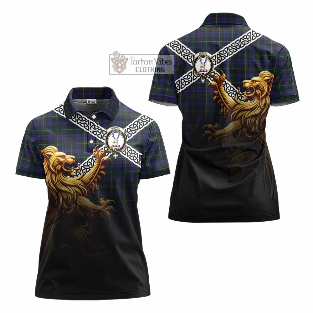 Tartan Vibes Clothing Sempill (Semple) Crest Tartan Women's Polo Shirt with Golden Lion Emblem Celtic Style