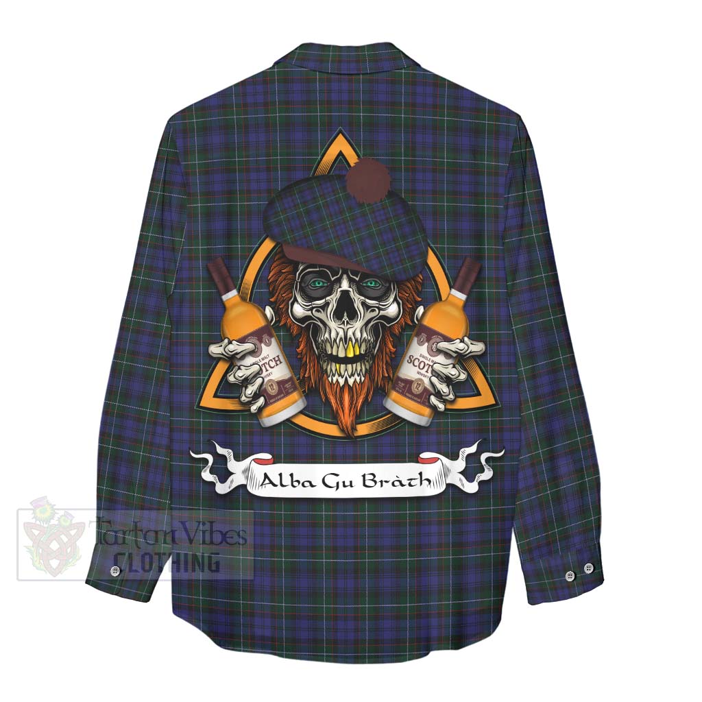Tartan Vibes Clothing Sempill (Semple) Tartan Women's Casual Shirt with Family Crest and Bearded Skull Holding Bottles of Whiskey