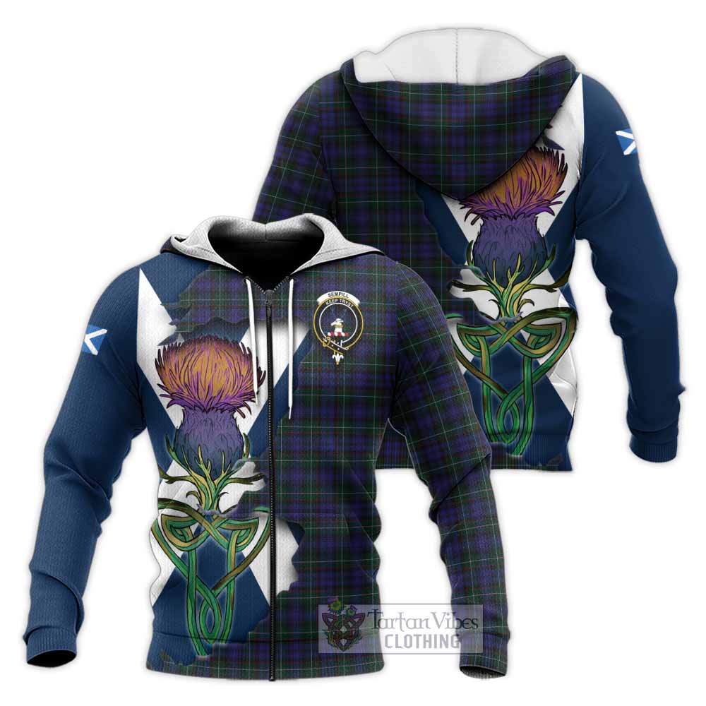 Tartan Vibes Clothing Sempill (Semple) Tartan Family Crest Knitted Hoodie Scottish Thistle Celtic Inspired