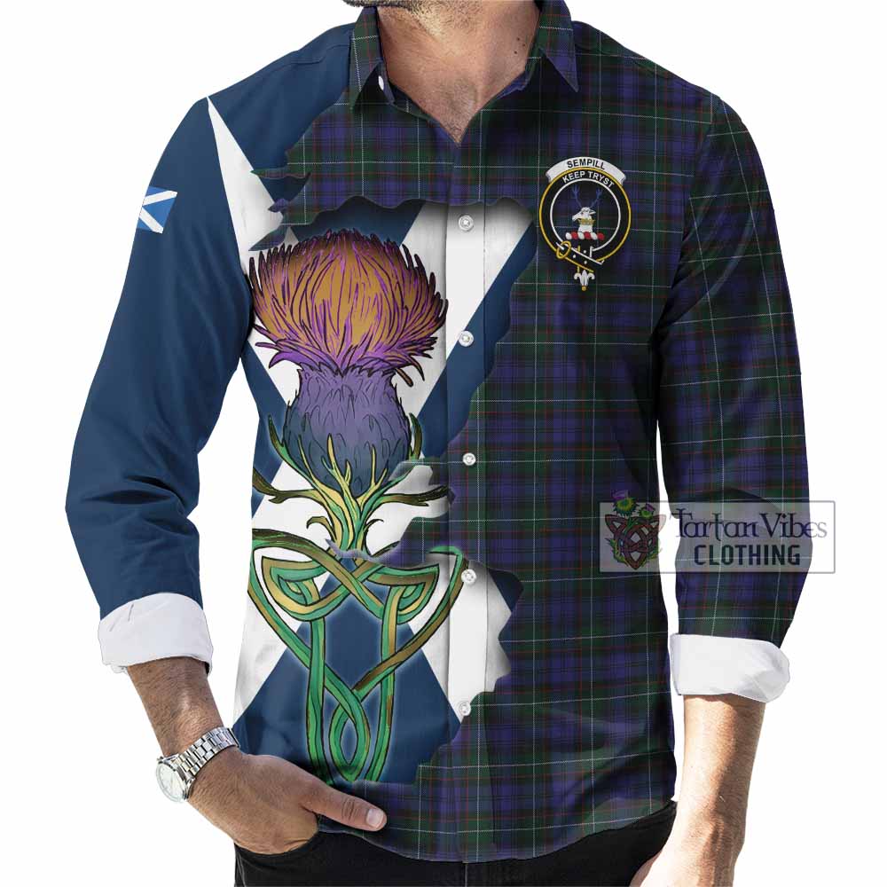 Tartan Vibes Clothing Sempill (Semple) Tartan Family Crest Long Sleeve Button Shirt Scottish Thistle Celtic Inspired