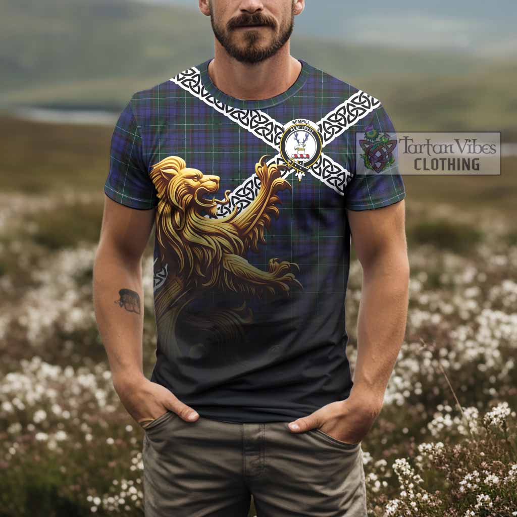 Tartan Vibes Clothing Sempill (Semple) Crest Tartan T-Shirt with Golden Lion Emblem Celtic Style