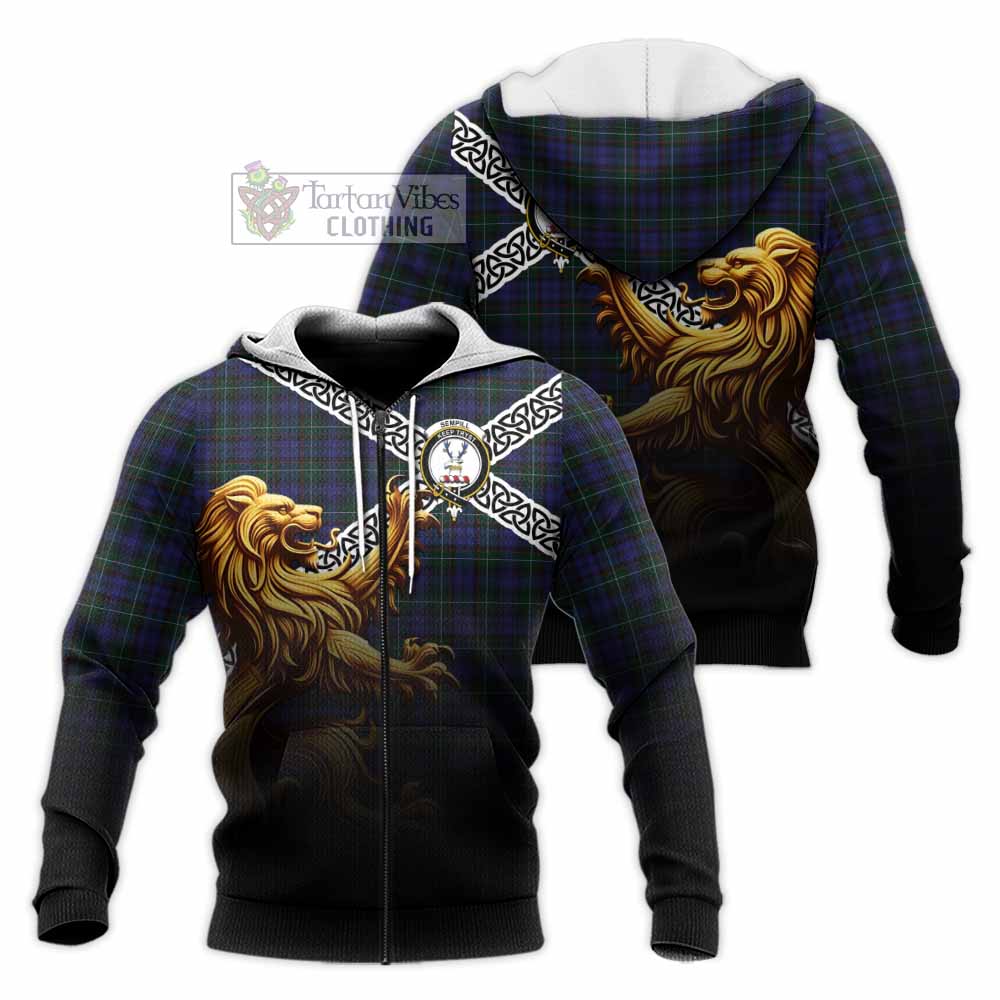 Tartan Vibes Clothing Sempill (Semple) Crest Tartan Knitted Hoodie with Golden Lion Emblem Celtic Style