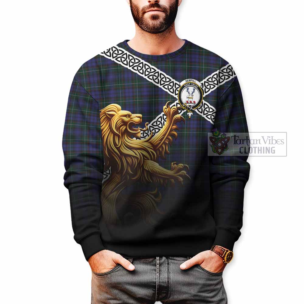 Tartan Vibes Clothing Sempill (Semple) Crest Tartan Sweatshirt with Golden Lion Emblem Celtic Style