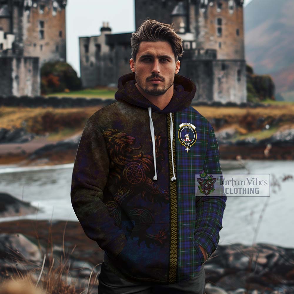 Tartan Vibes Clothing Sempill (Semple) Tartan Family Crest Cotton Hoodie Alba Gu Brath Be Brave Lion Ancient Style