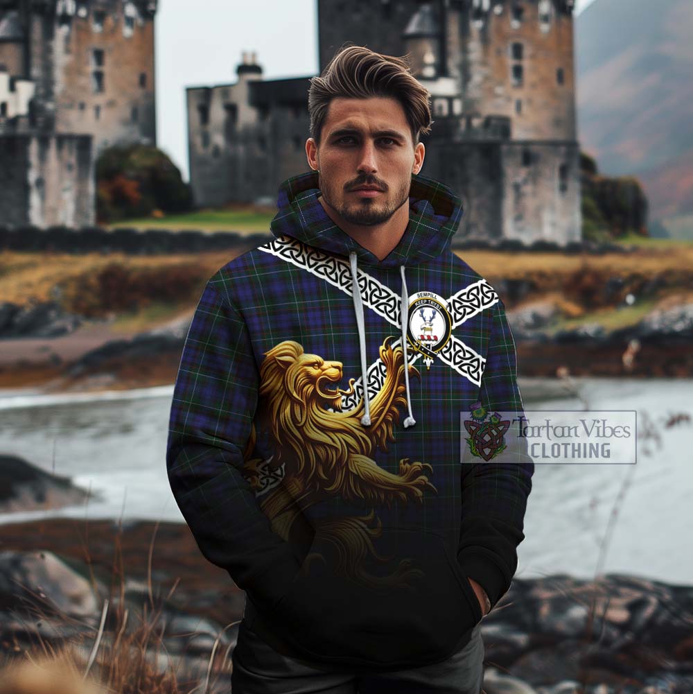 Tartan Vibes Clothing Sempill (Semple) Crest Tartan Cotton Hoodie with Golden Lion Emblem Celtic Style