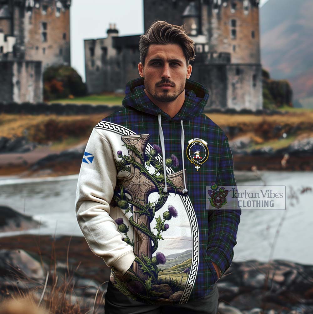 Tartan Vibes Clothing Sempill (Semple) Tartan Cotton Hoodie with Family Crest and St. Andrew's Cross Accented by Thistle Vines