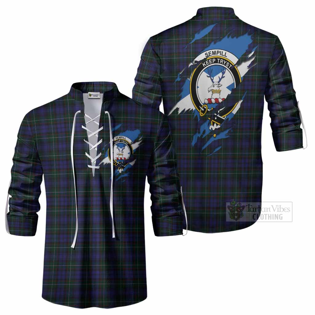 Sempill (Semple) Clan Crest In Me Tartan Ghillie Shirt Scotland Flag Style