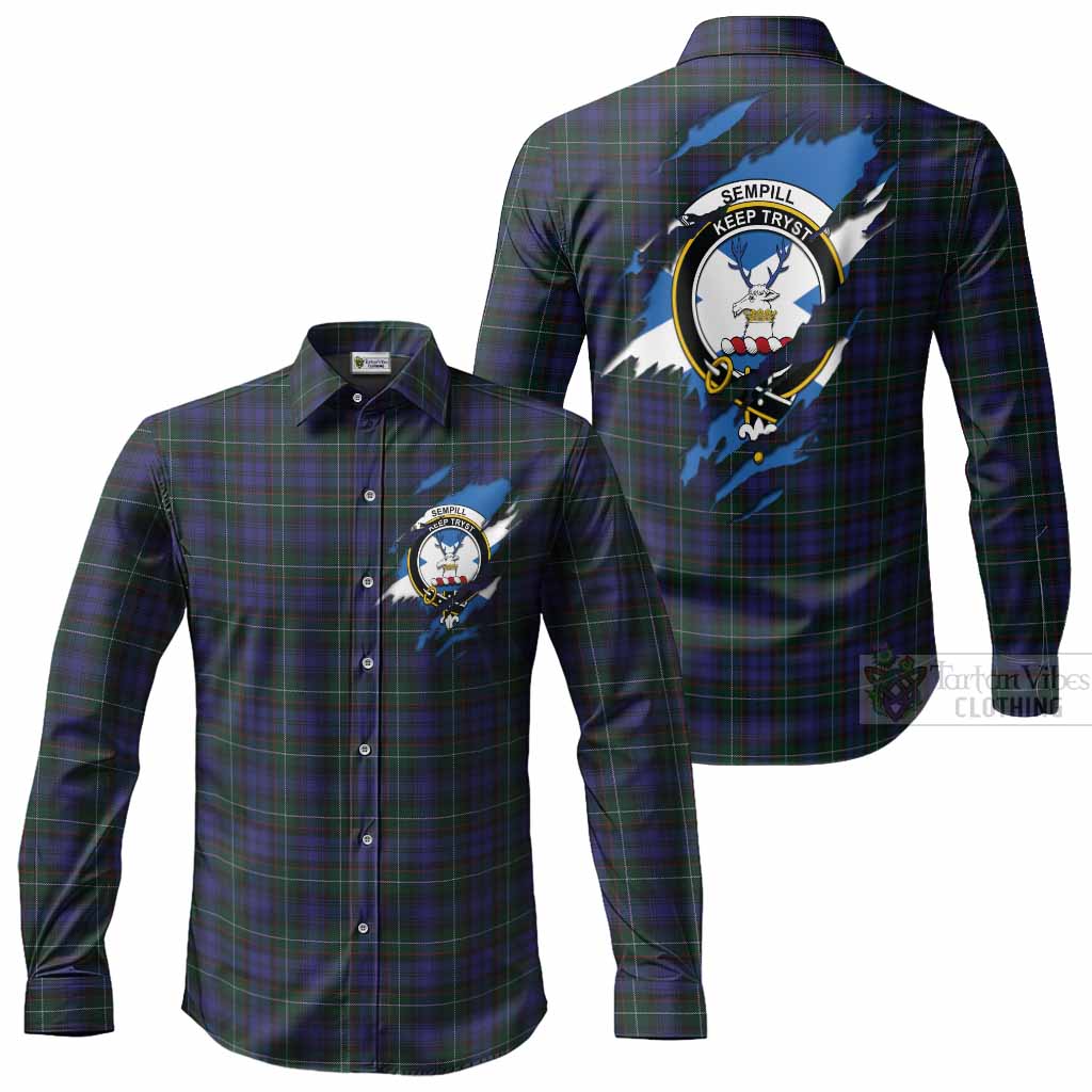 Sempill (Semple) Clan Crest In Me Tartan Long Sleeve Button Shirts Scotland Flag Style