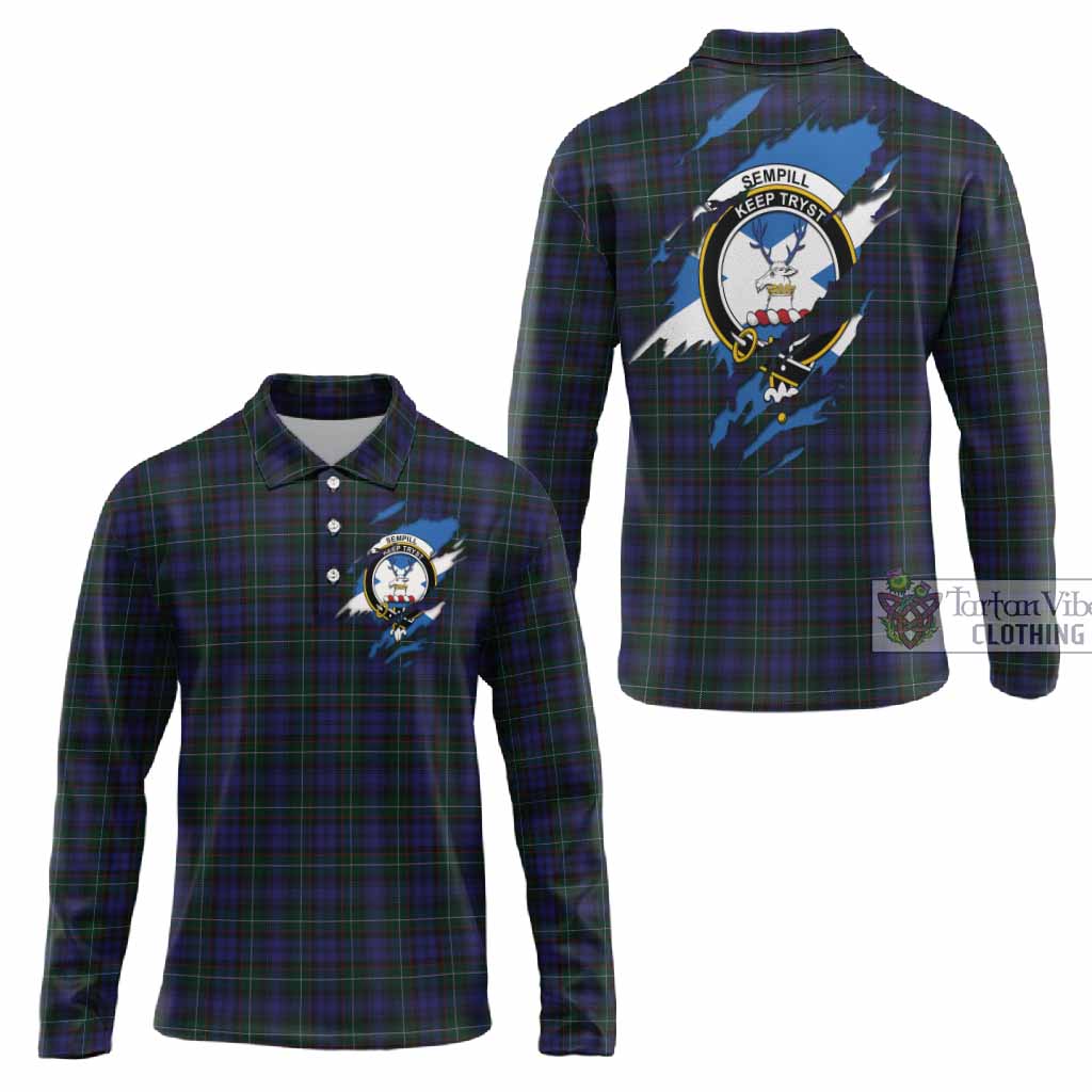 Sempill (Semple) Clan Crest In Me Tartan Long Sleeve Polo Shirt Scotland Flag Style