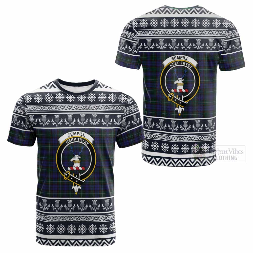 Sempill (Semple) Clan Tartan Christmas Cotton T-shirt with Family Crest - Tartan Vibes Clothing