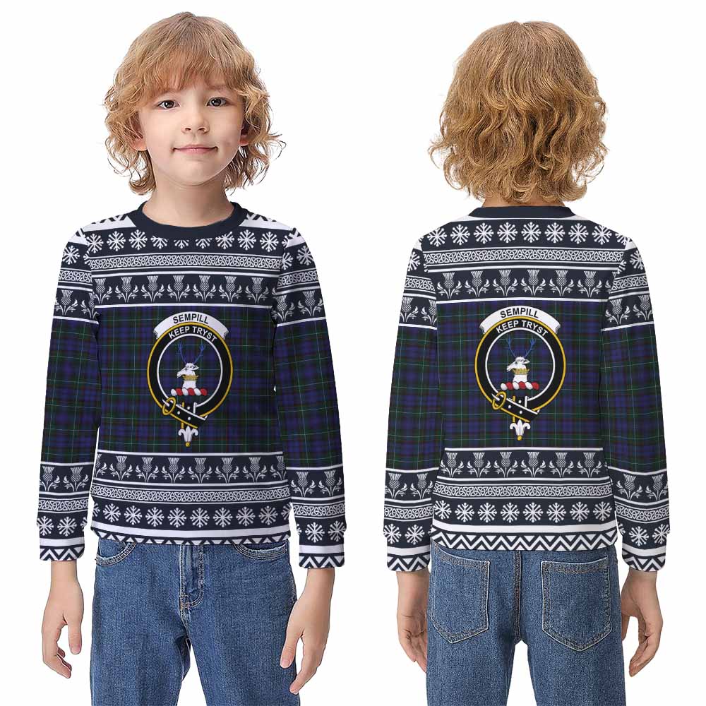 Sempill (Semple) Clan Tartan Christmas Kid Ugly Sweatshirt with Family Crest - Tartan Vibes Clothing