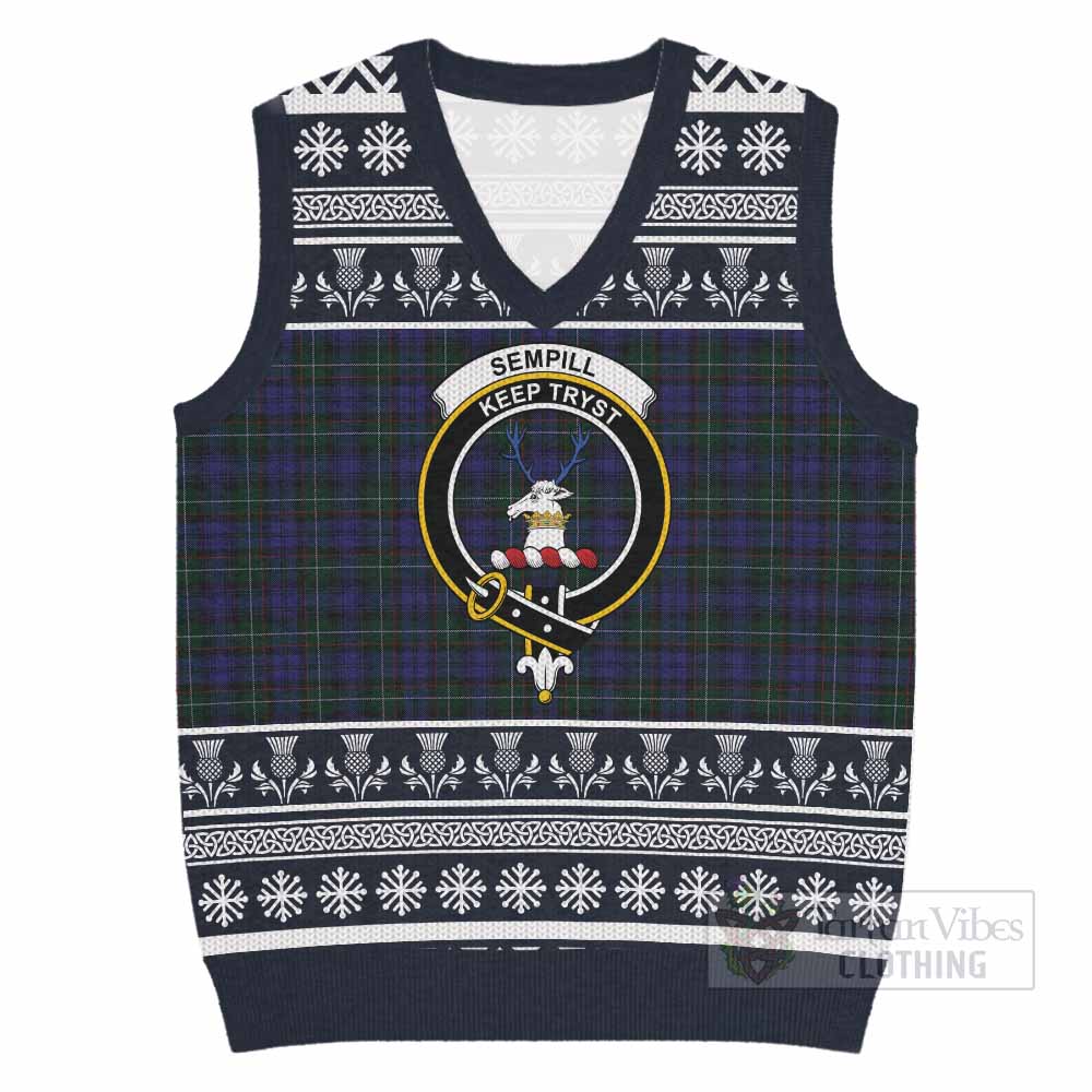 Sempill (Semple) Clan Tartan Christmas Knitted V-Neck Vest with Family Crest - Tartan Vibes Clothing