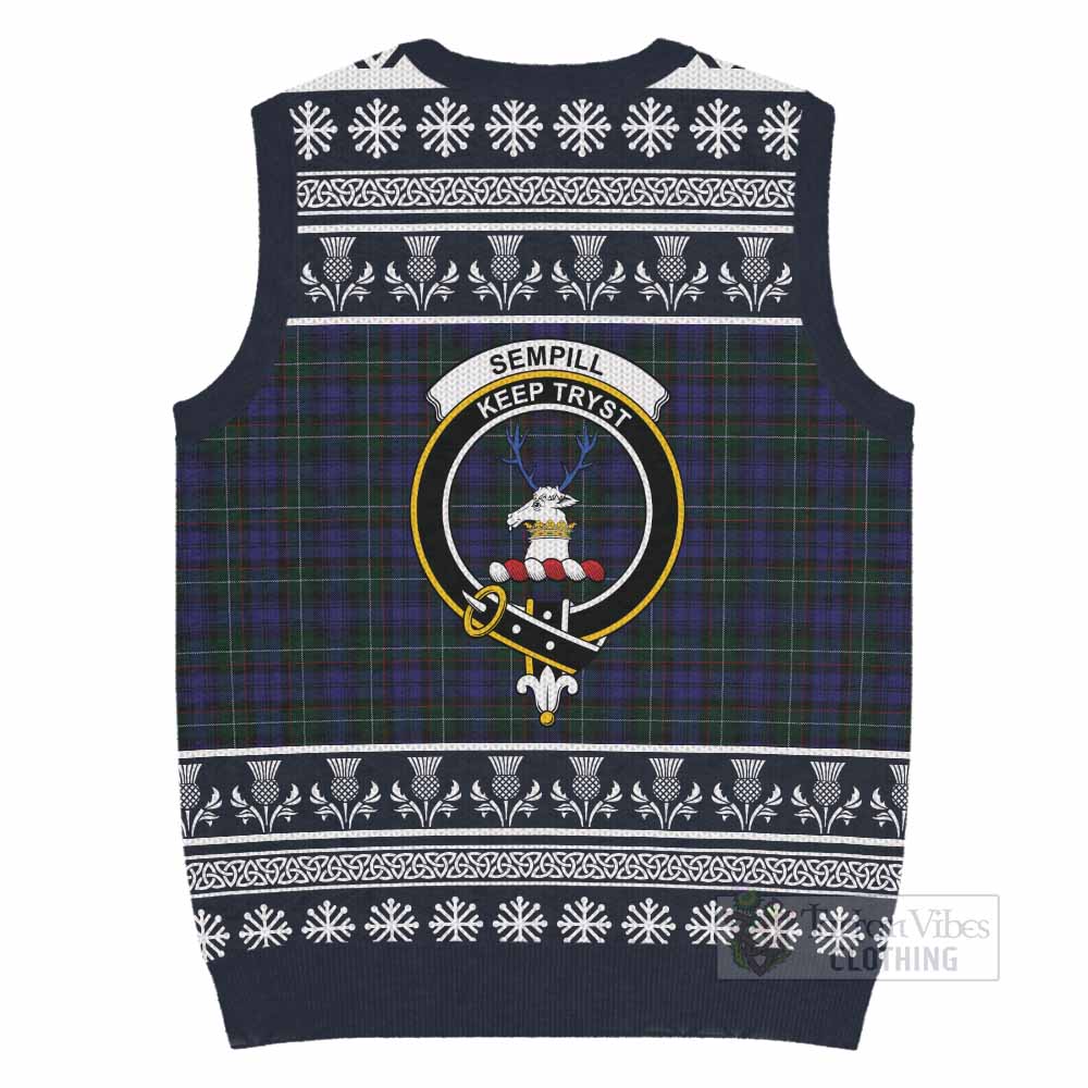 Sempill (Semple) Clan Tartan Christmas Knitted V-Neck Vest with Family Crest - Tartan Vibes Clothing