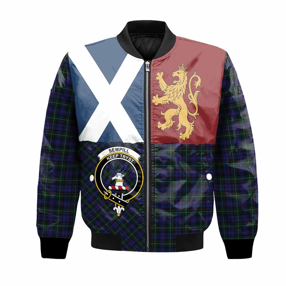 Sempill (Semple) Crest Tartan Bomber Jacket with Lion Rampant Saltire Style