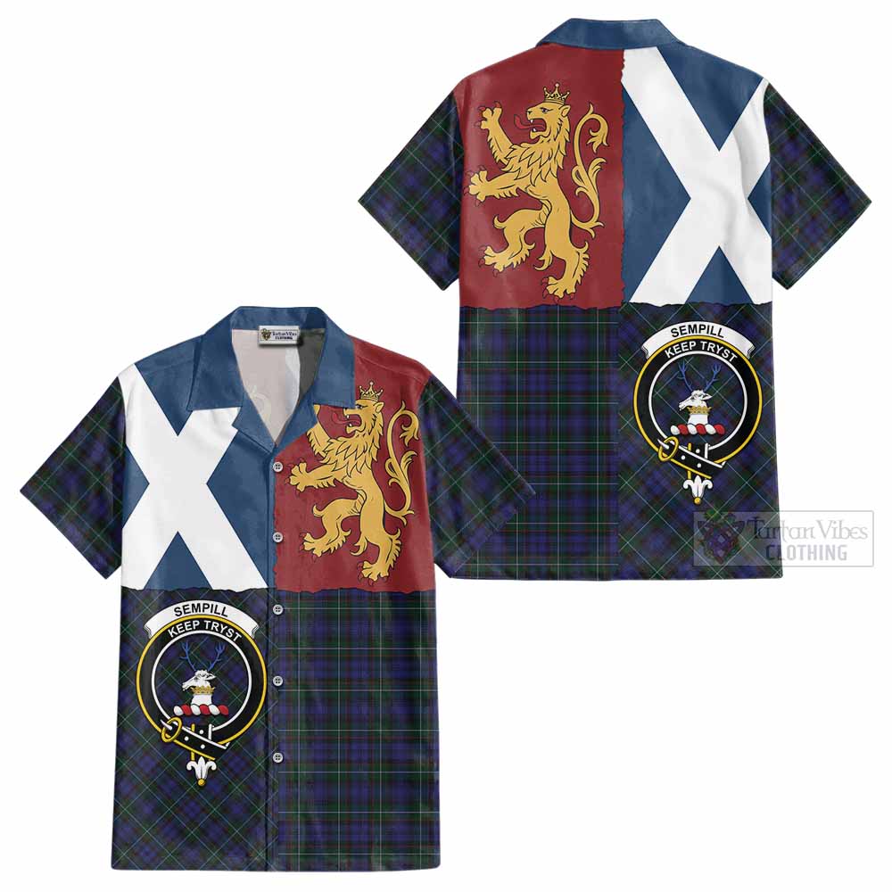 Sempill (Semple) Crest Tartan Cotton Hawaiian Shirt with Lion Rampant Saltire Style - Tartan Vibes Clothing