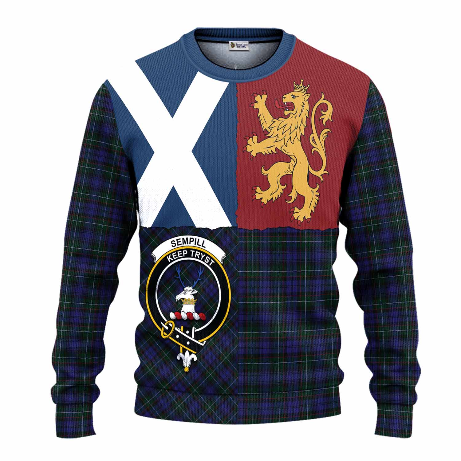Sempill (Semple) Crest Tartan Knitted Sweater with Lion Rampant Saltire Style