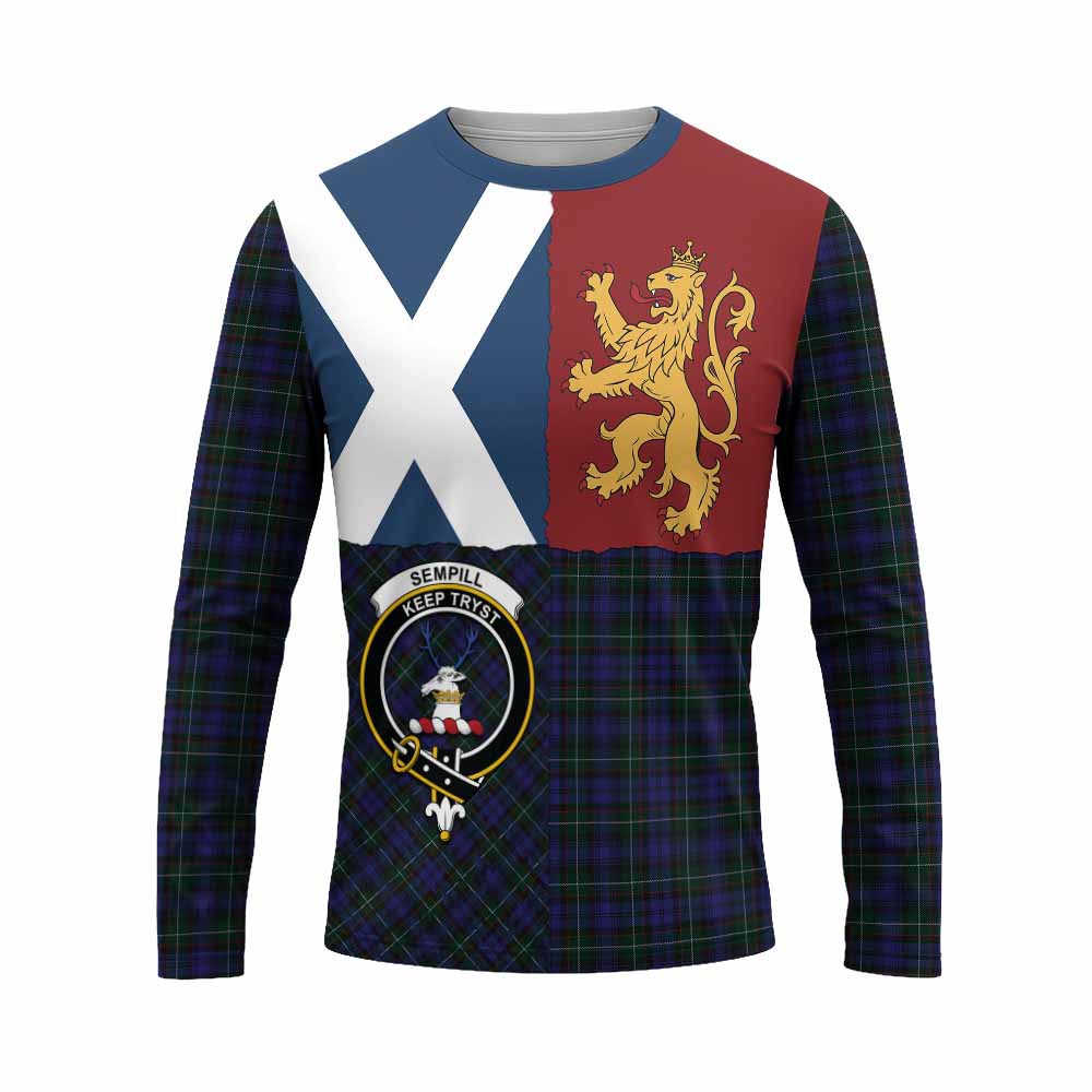 Sempill (Semple) Crest Tartan Long Sleeve T-Shirt with Lion Rampant Saltire Style