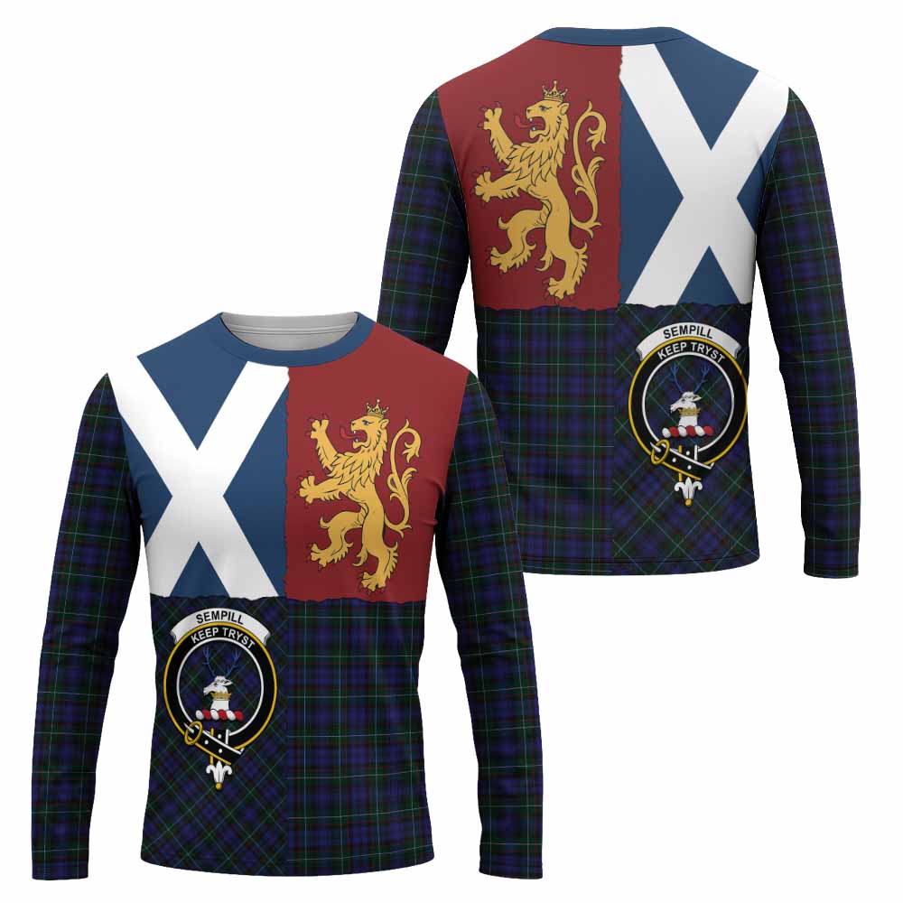 Sempill (Semple) Crest Tartan Long Sleeve T-Shirt with Lion Rampant Saltire Style