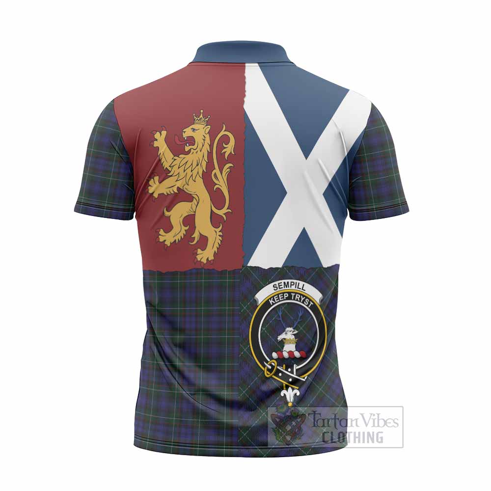 Sempill (Semple) Crest Tartan Zipper Polo Shirt with Lion Rampant Saltire Style