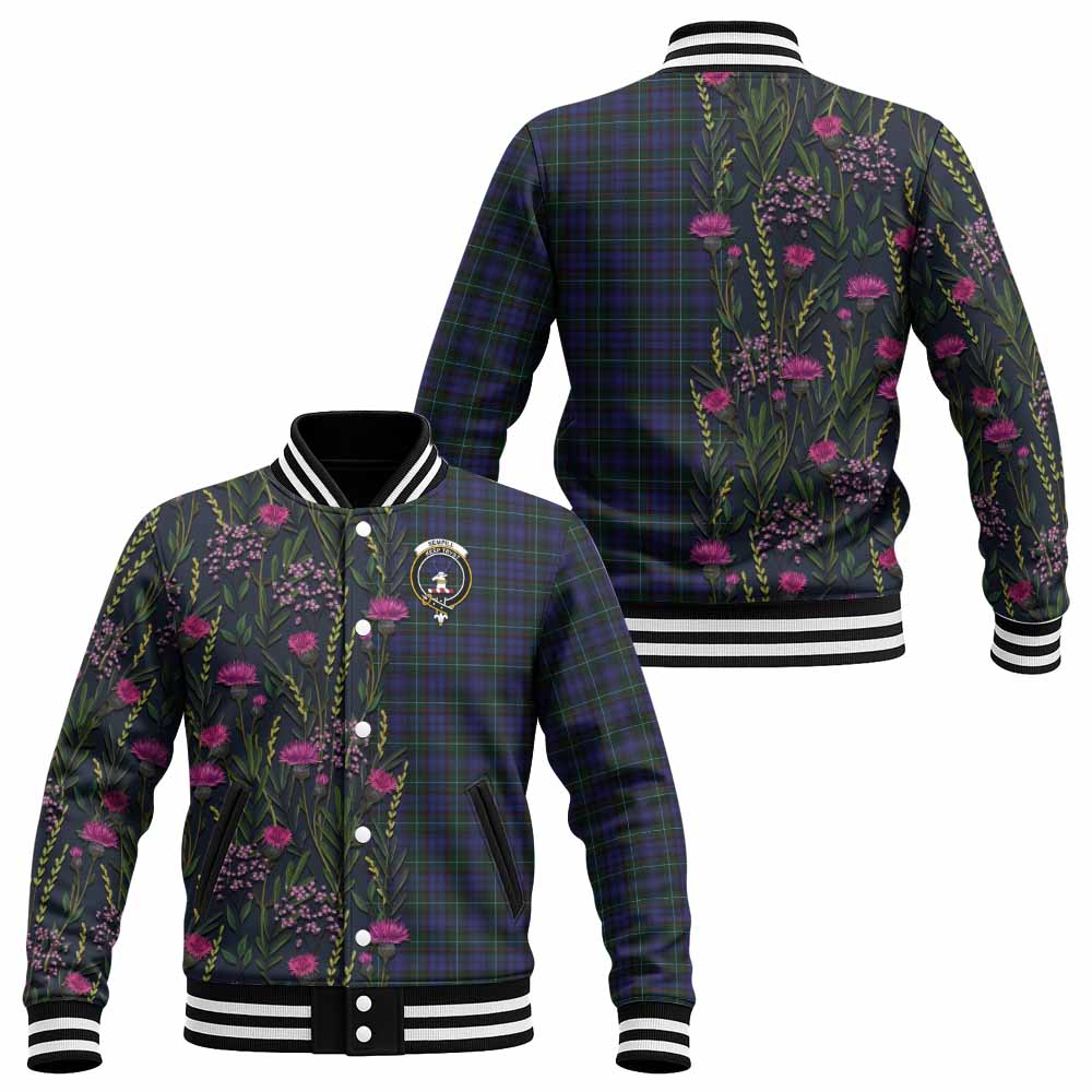 Sempill (Semple) Family Crest Tartan Baseball Jacket Scottish Thistle Flower Pattern Half Style - Tartan Vibes Clothing