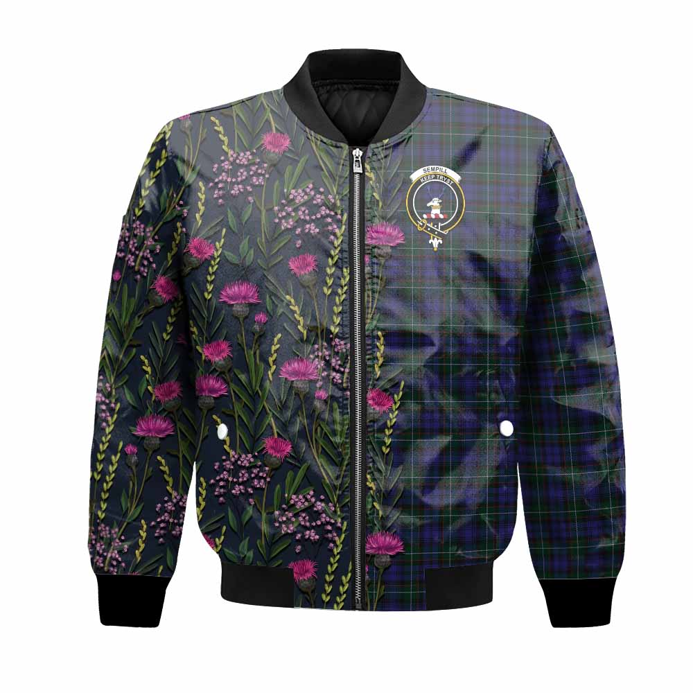 Sempill (Semple) Family Crest Tartan Bomber Jacket Scottish Thistle Flower Pattern Half Style - Tartan Vibes Clothing