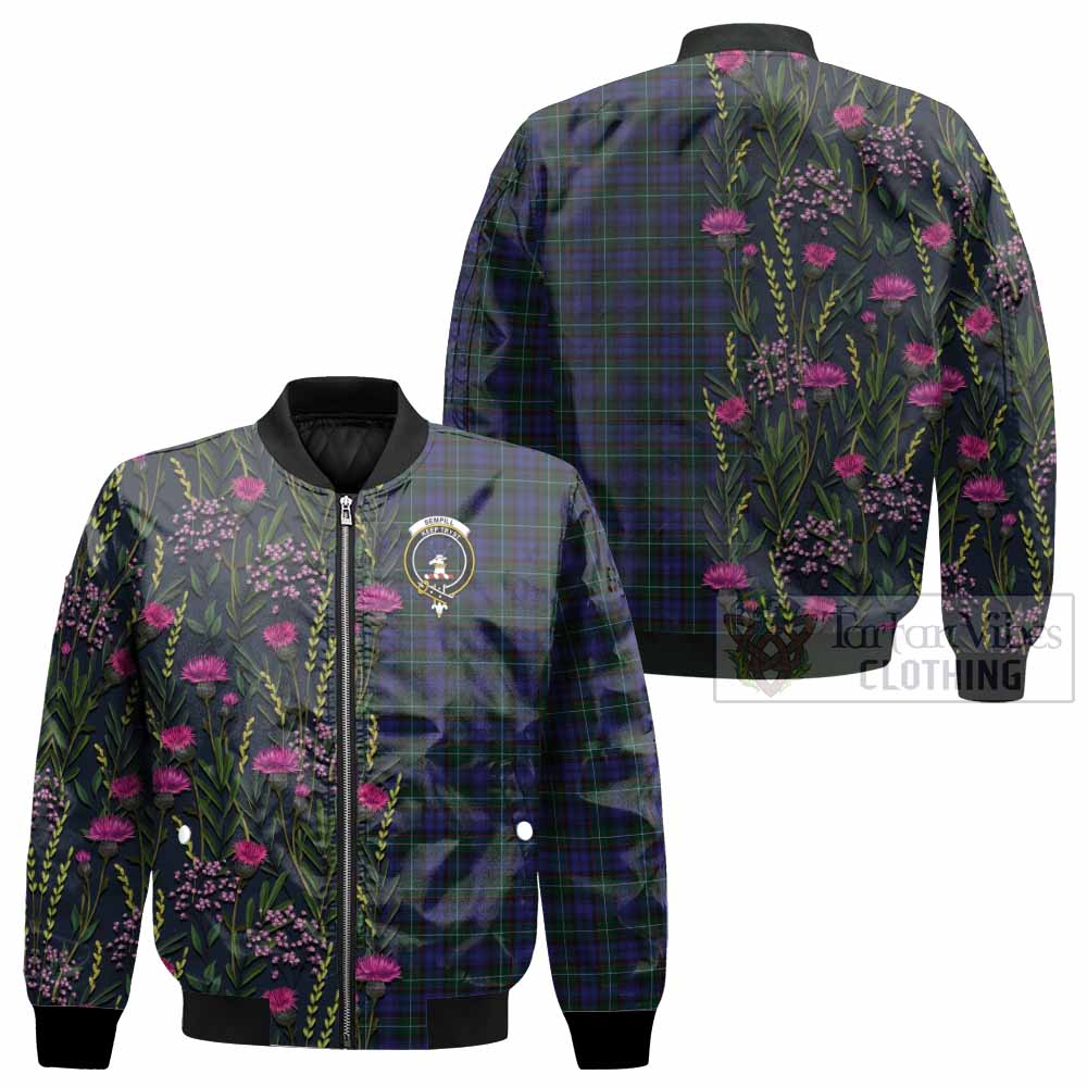 Sempill (Semple) Family Crest Tartan Bomber Jacket Scottish Thistle Flower Pattern Half Style - Tartan Vibes Clothing