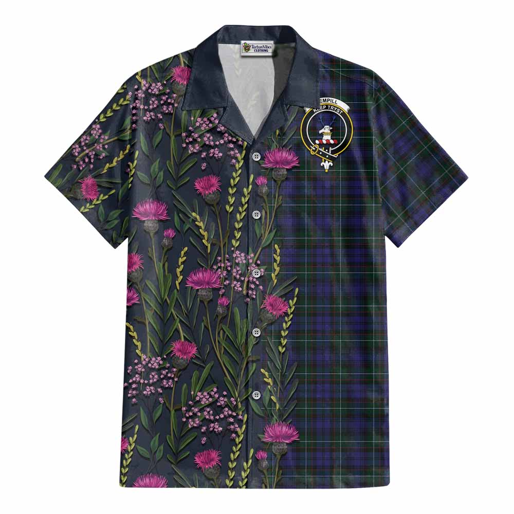 Sempill (Semple) Family Crest Tartan Cotton Hawaiian Shirt Scottish Thistle Flower Pattern Half Style - Tartan Vibes Clothing