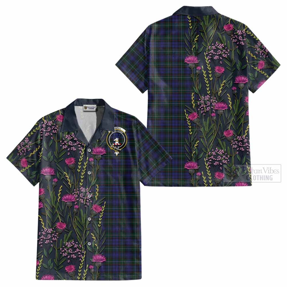 Sempill (Semple) Family Crest Tartan Cotton Hawaiian Shirt Scottish Thistle Flower Pattern Half Style - Tartan Vibes Clothing