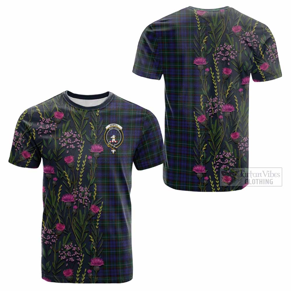 Sempill (Semple) Family Crest Tartan Cotton T-shirt Scottish Thistle Flower Pattern Half Style - Tartan Vibes Clothing