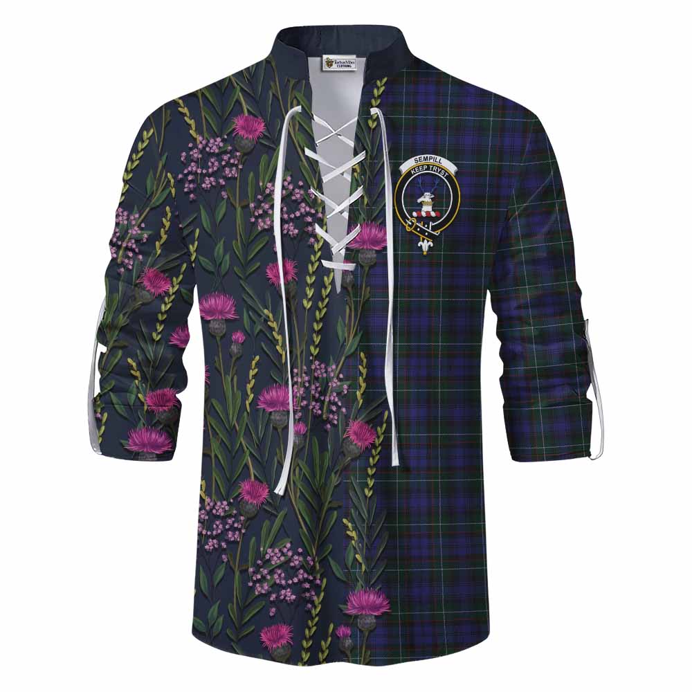 Sempill (Semple) Family Crest Tartan Ghillie Shirt Scottish Thistle Flower Pattern Half Style - Tartan Vibes Clothing