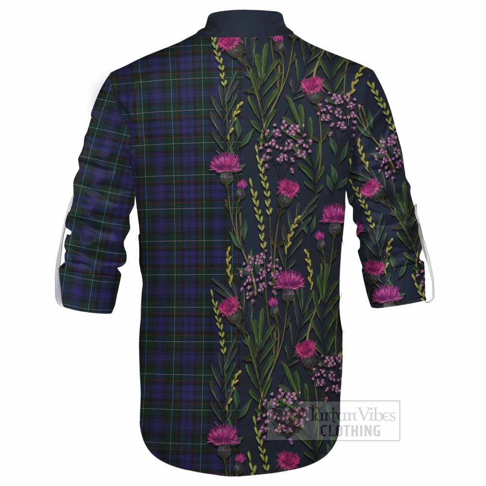 Sempill (Semple) Family Crest Tartan Ghillie Shirt Scottish Thistle Flower Pattern Half Style - Tartan Vibes Clothing