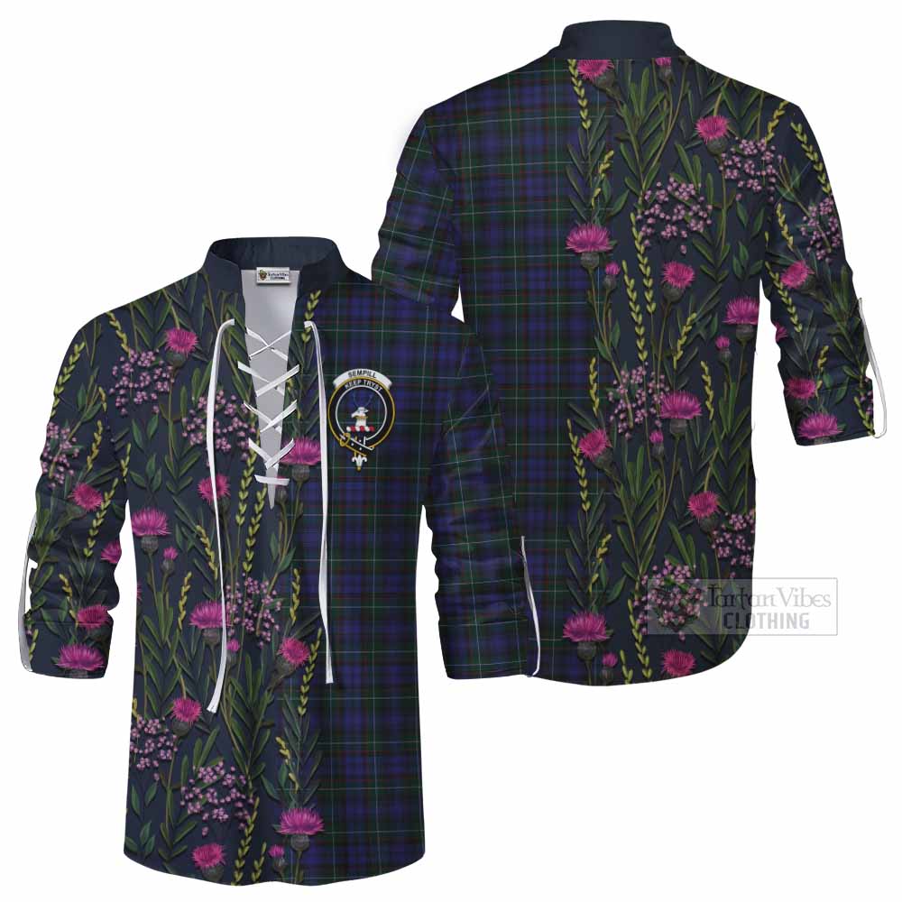 Sempill (Semple) Family Crest Tartan Ghillie Shirt Scottish Thistle Flower Pattern Half Style - Tartan Vibes Clothing