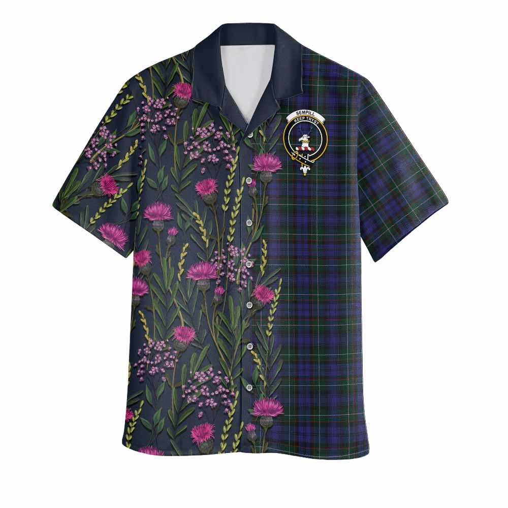 Sempill (Semple) Family Crest Tartan Hawaiian Shirt Scottish Thistle Flower Pattern Half Style - Tartan Vibes Clothing