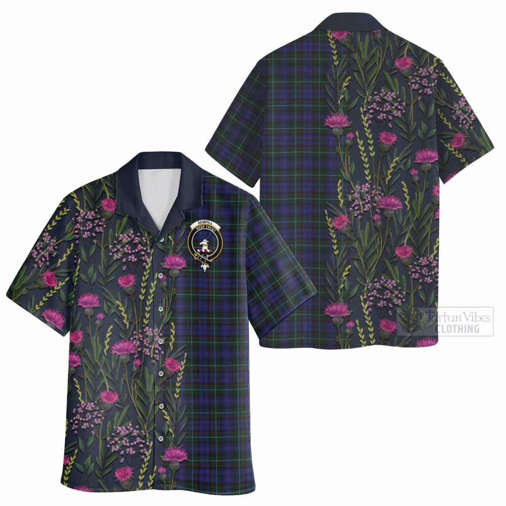 Sempill (Semple) Family Crest Tartan Hawaiian Shirt Scottish Thistle Flower Pattern Half Style - Tartan Vibes Clothing