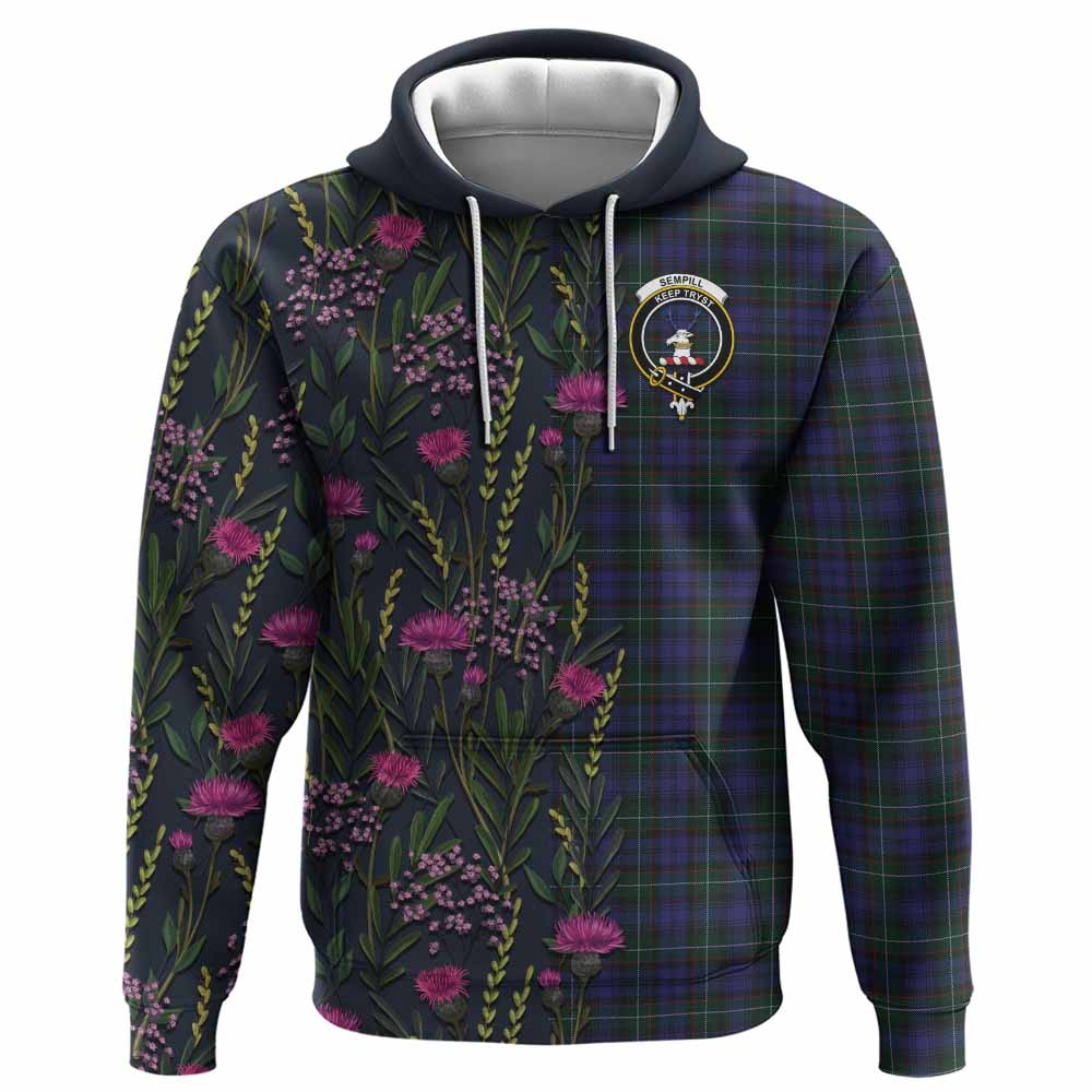 Sempill (Semple) Family Crest Tartan Hoodie Scottish Thistle Flower Pattern Half Style - Tartan Vibes Clothing
