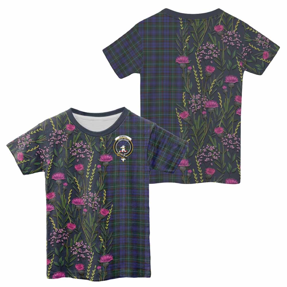 Sempill (Semple) Family Crest Tartan Kid T-shirt Scottish Thistle Flower Pattern Half Style - Tartan Vibes Clothing