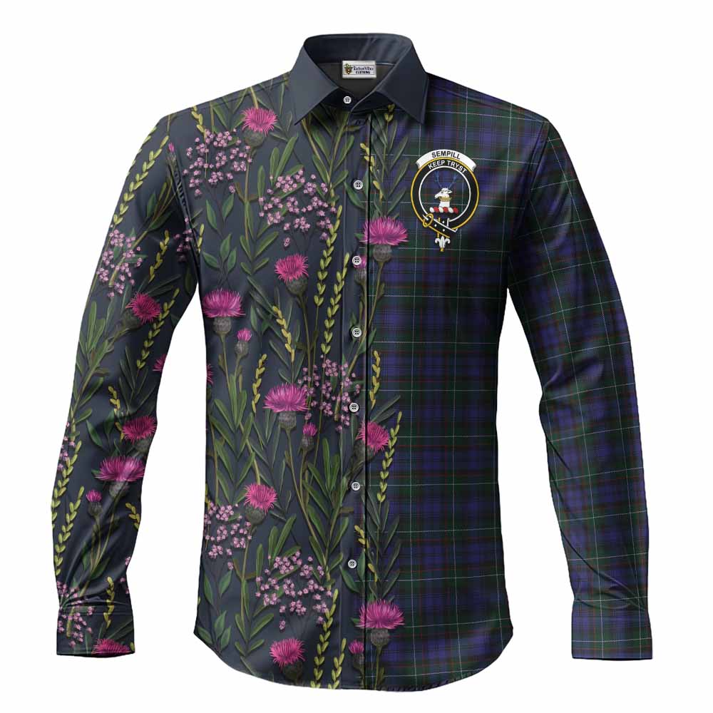 Sempill (Semple) Family Crest Tartan Long Sleeve Button Shirts Scottish Thistle Flower Pattern Half Style - Tartan Vibes Clothing