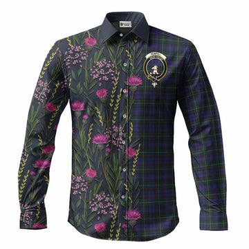 Sempill (Semple) Family Crest Tartan Long Sleeve Button Shirts Scottish Thistle Flower Pattern Half Style