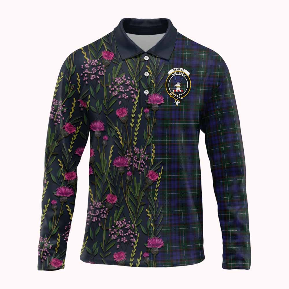 Sempill (Semple) Family Crest Tartan Long Sleeve Polo Shirt Scottish Thistle Flower Pattern Half Style - Tartan Vibes Clothing