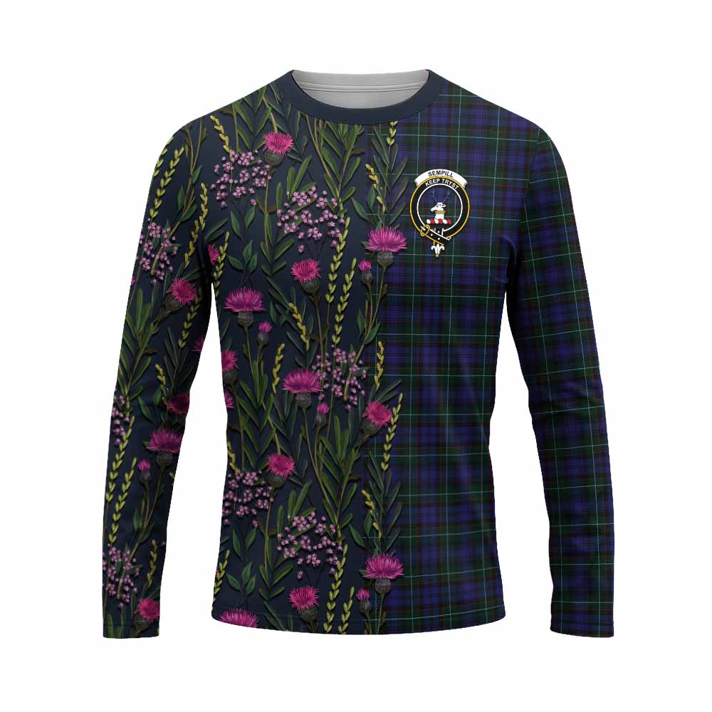 Sempill (Semple) Family Crest Tartan Long Sleeve T-Shirt Scottish Thistle Flower Pattern Half Style - Tartan Vibes Clothing