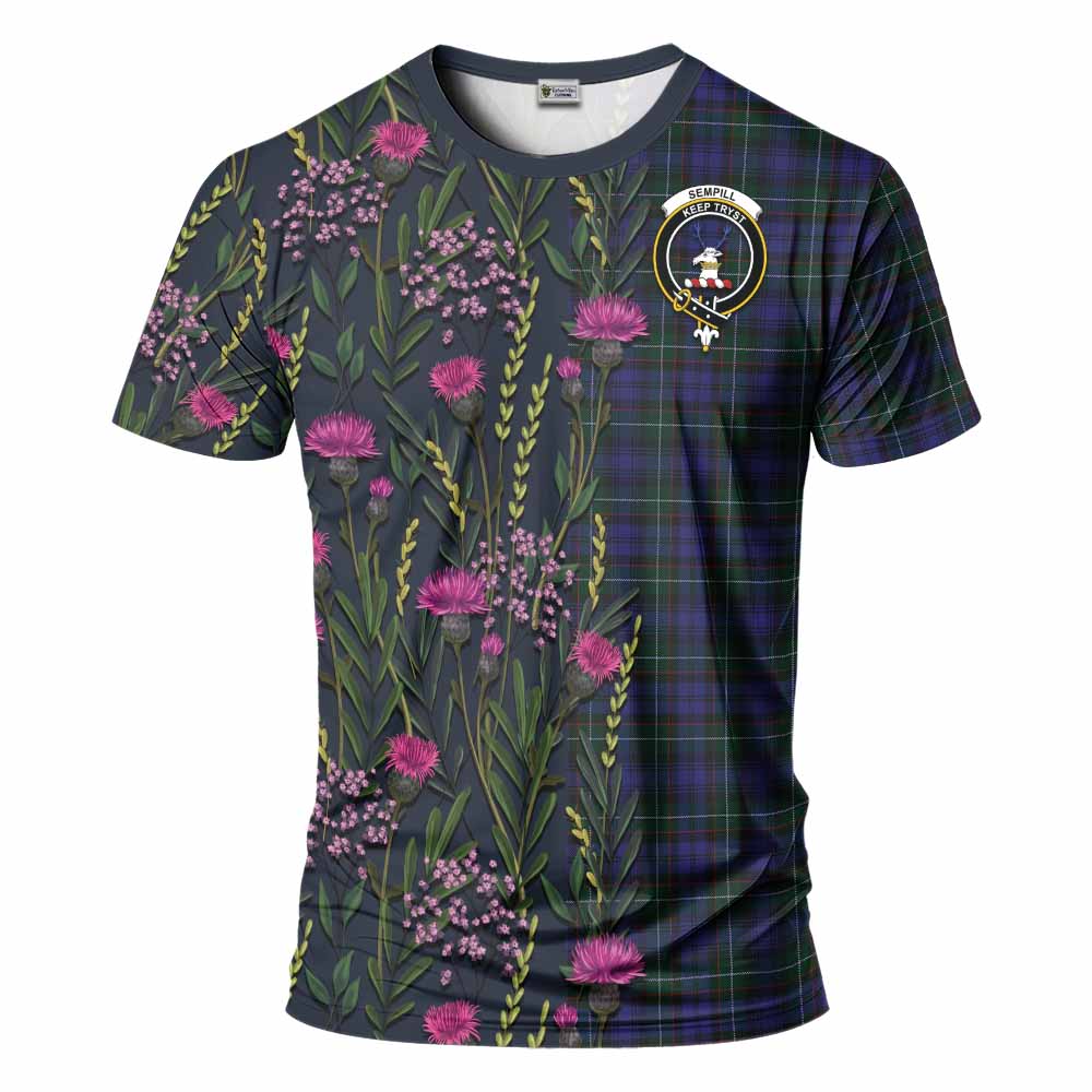 Sempill (Semple) Family Crest Tartan T-Shirt Scottish Thistle Flower Pattern Half Style - Tartan Vibes Clothing