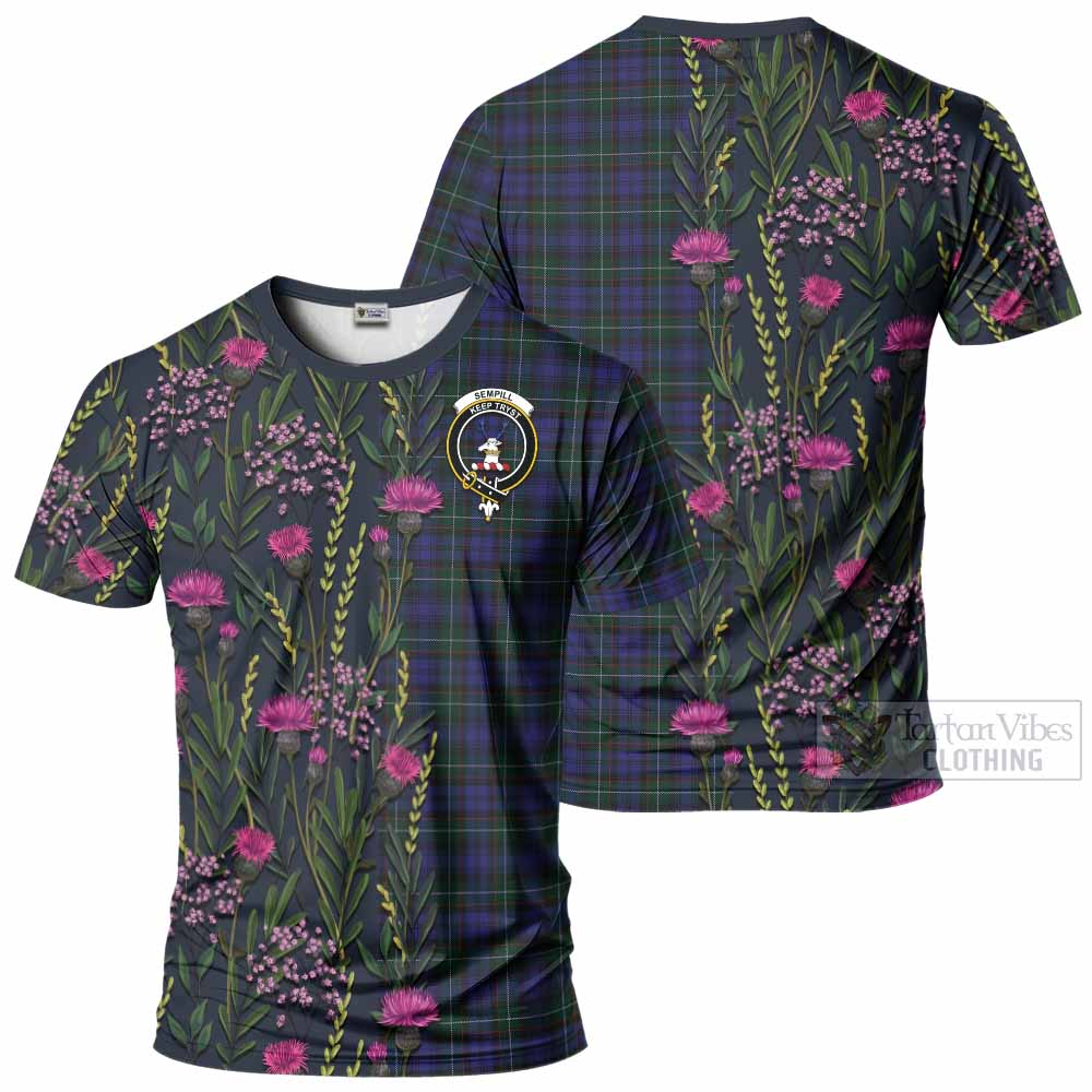 Sempill (Semple) Family Crest Tartan T-Shirt Scottish Thistle Flower Pattern Half Style - Tartan Vibes Clothing