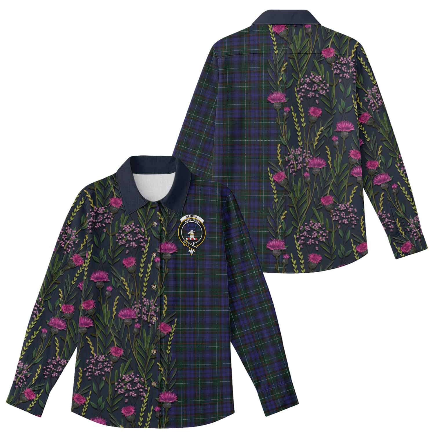 Sempill (Semple) Family Crest Tartan Women Casual Shirt Scottish Thistle Flower Pattern Half Style - Tartan Vibes Clothing