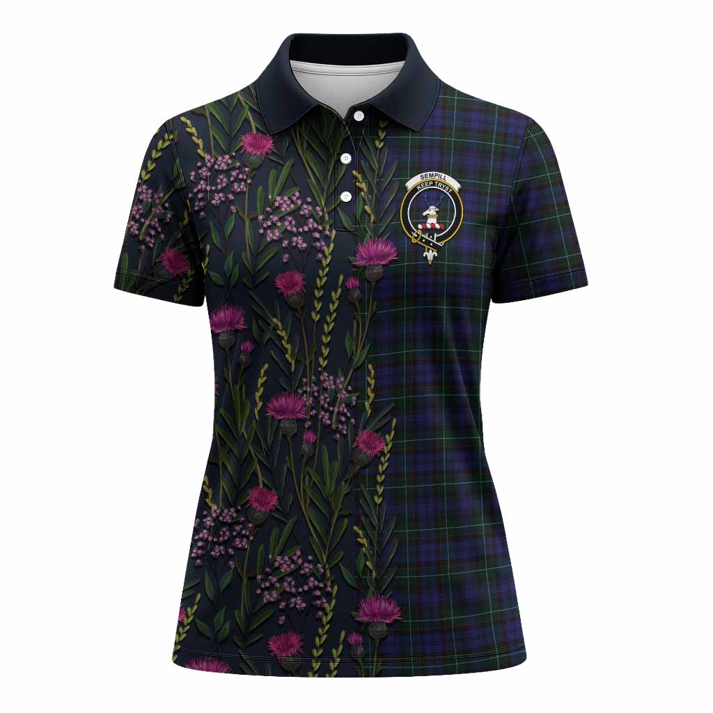 Sempill (Semple) Family Crest Tartan Women Polo Shirt Scottish Thistle Flower Pattern Half Style - Tartan Vibes Clothing